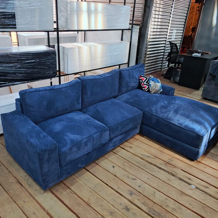 5-Seater Navy Blue Corduroy Chaise Sofa