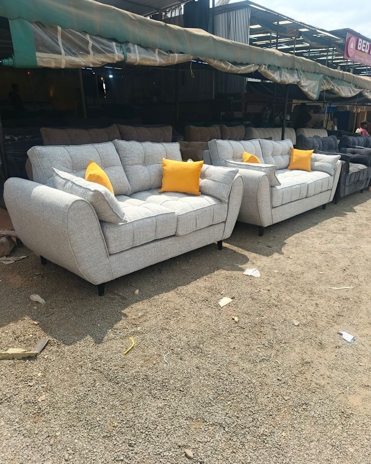 5-Seater Pebble Grey Tufted Butterfly Twin Sofas