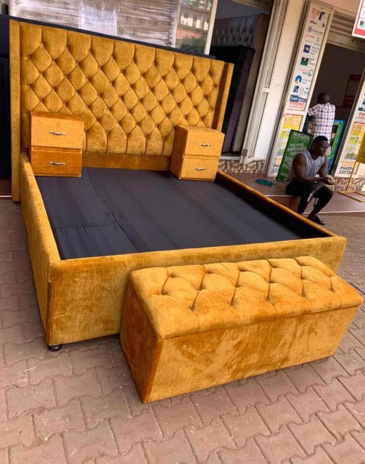 5x6 Mustard Chesterfield Wingback with Sideboxes + Storage Box