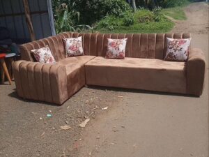 Brown Ribbed L-Shape Sofa