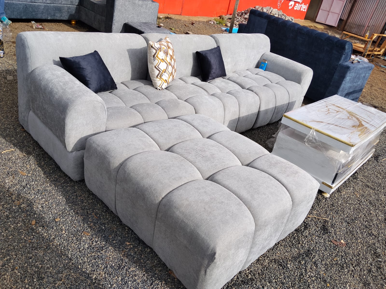 Grey Boucle Sectional Bubble Sofa