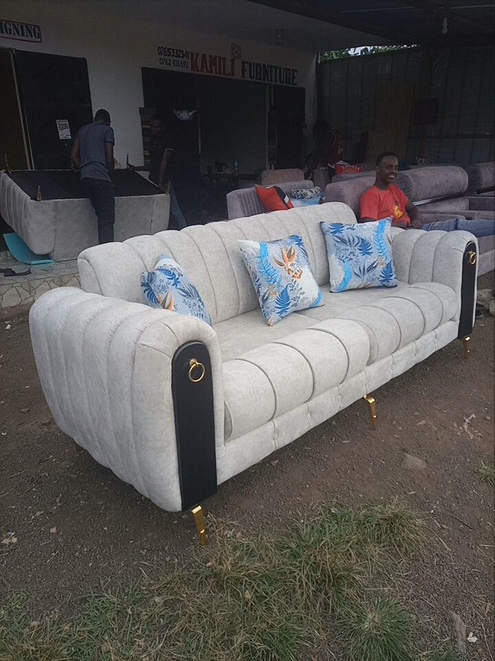 Grey Ribbed Gold-Trim Sofa