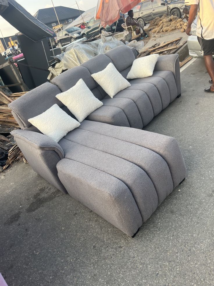 Grey Ribbed L-Shape Sofa